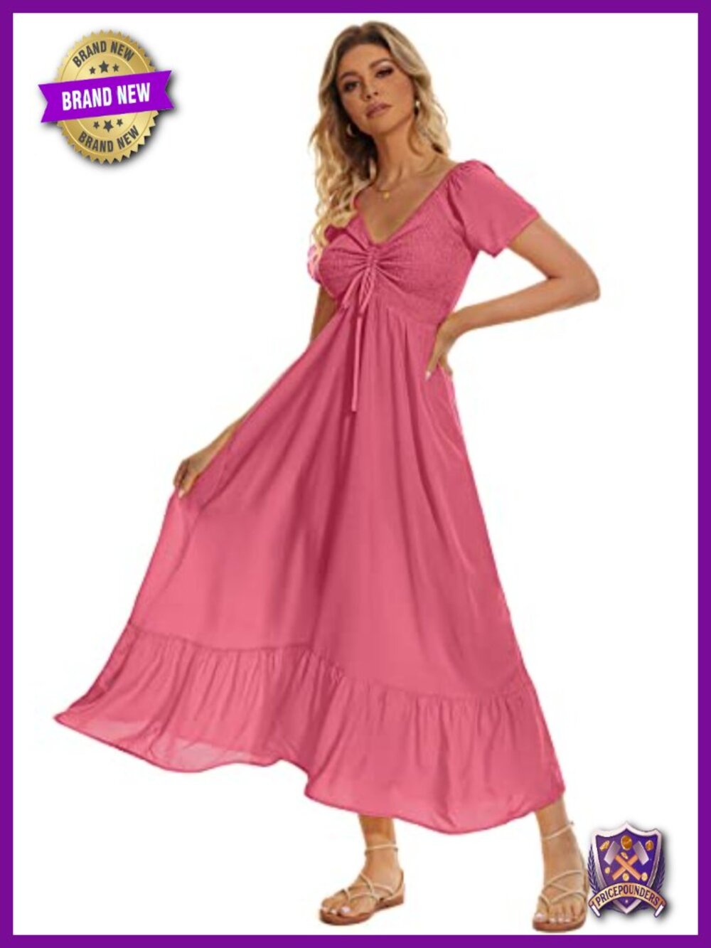 Smocked Maxi Dress with Short Sleeve - Flowy Tiered Boho Beach Dress